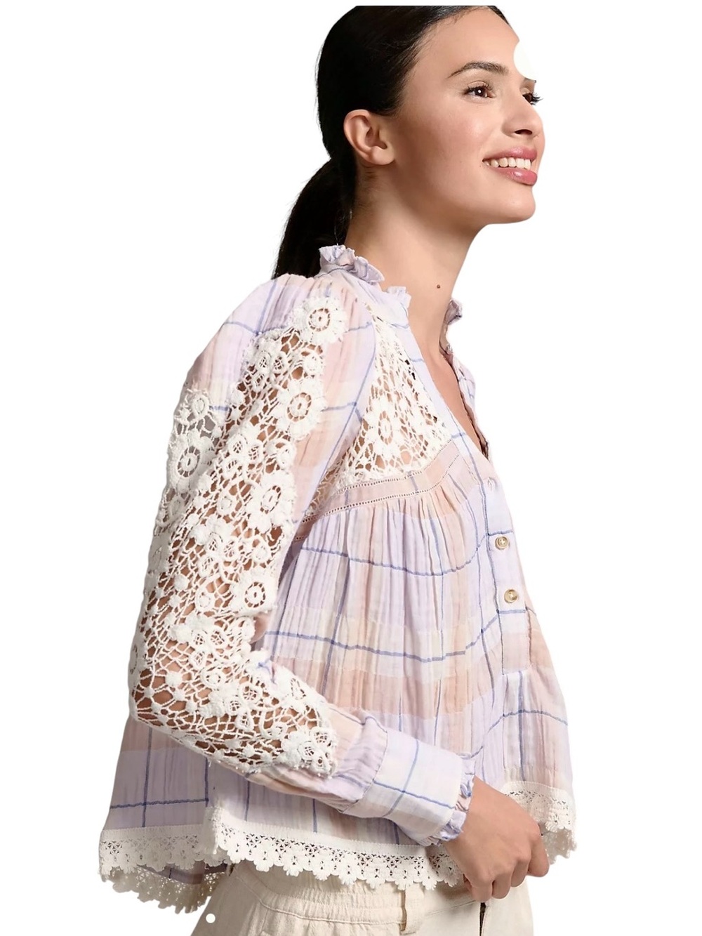 Light Purple Plaid Crochet Trim Button-Up Top - Picture 2 of 14